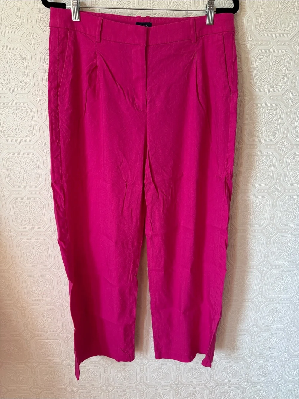 J. Crew Bright Pink High-Rise Straight Trousers Linen Blend Size 12